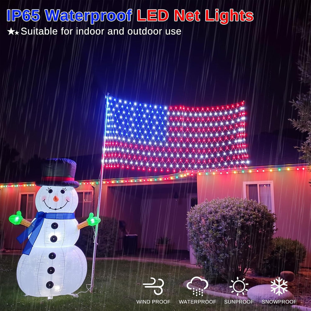 American Flag Lights Outdoor - 420 Super Bright Red White and Blue Lights, Wa...