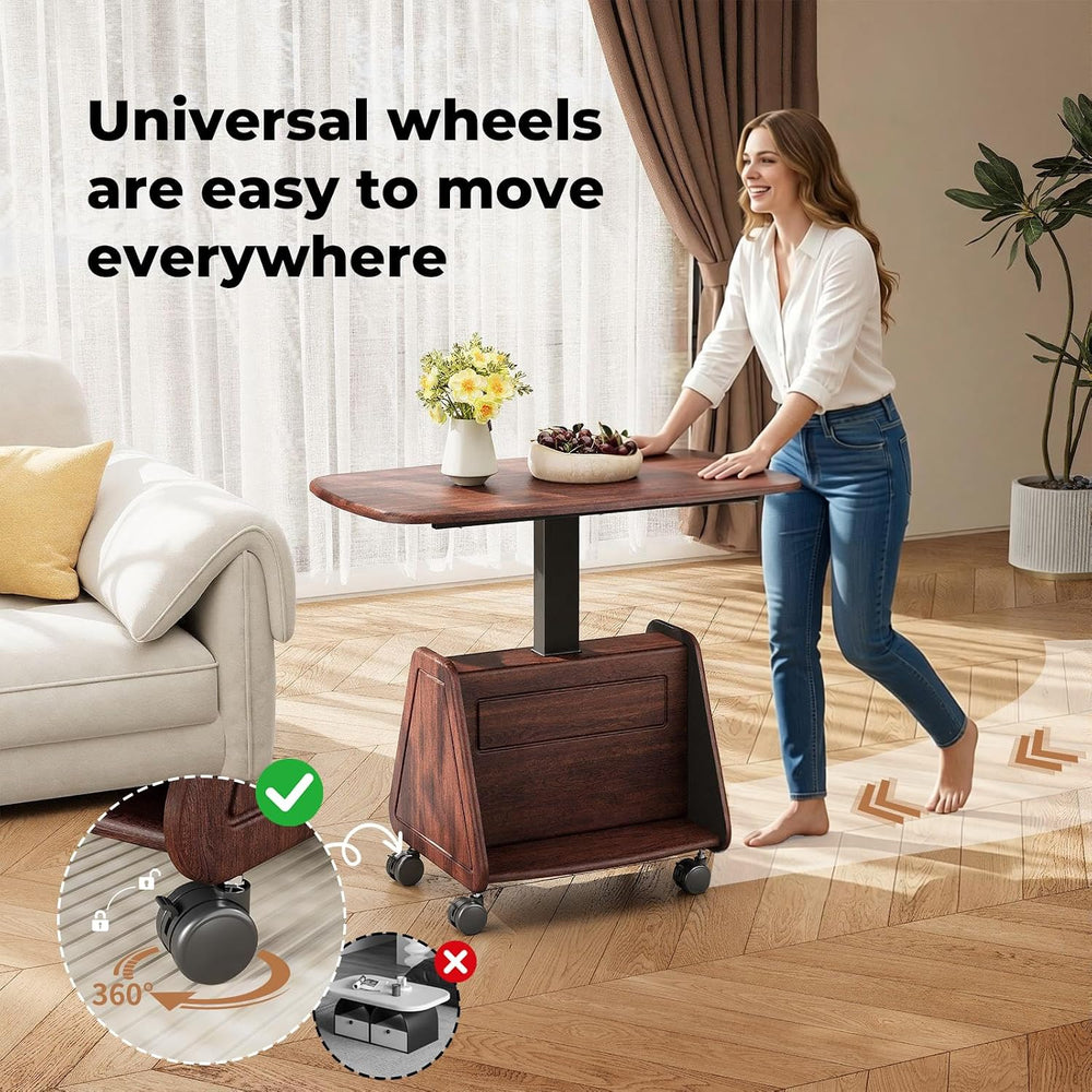 Rolling Side Table with Wheels, Sofa Couch Desk with Storage