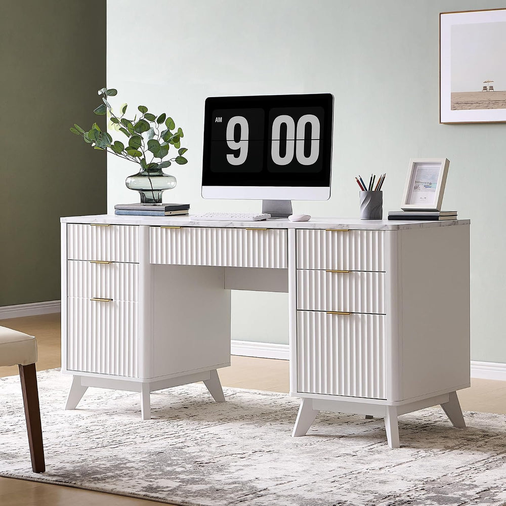T4TREAM 60" Modern Fluted Executive Desk with Drawers, White