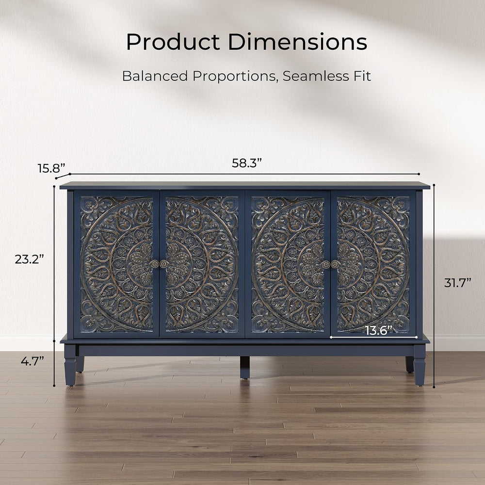 59" Solid Wood Buffet Cabinet, Accent Cabinet, 4 Carved Doors