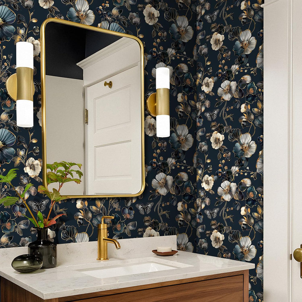 Livelynine 17.5x591 Navy Blue Flower Peel and Stick Wallpaper Vintage Dark Bl...
