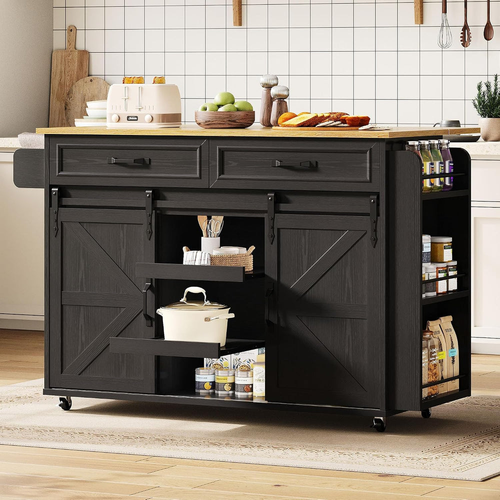 IRONCK Kitchen Island with Storage, Drop Leaf Countertop, Black