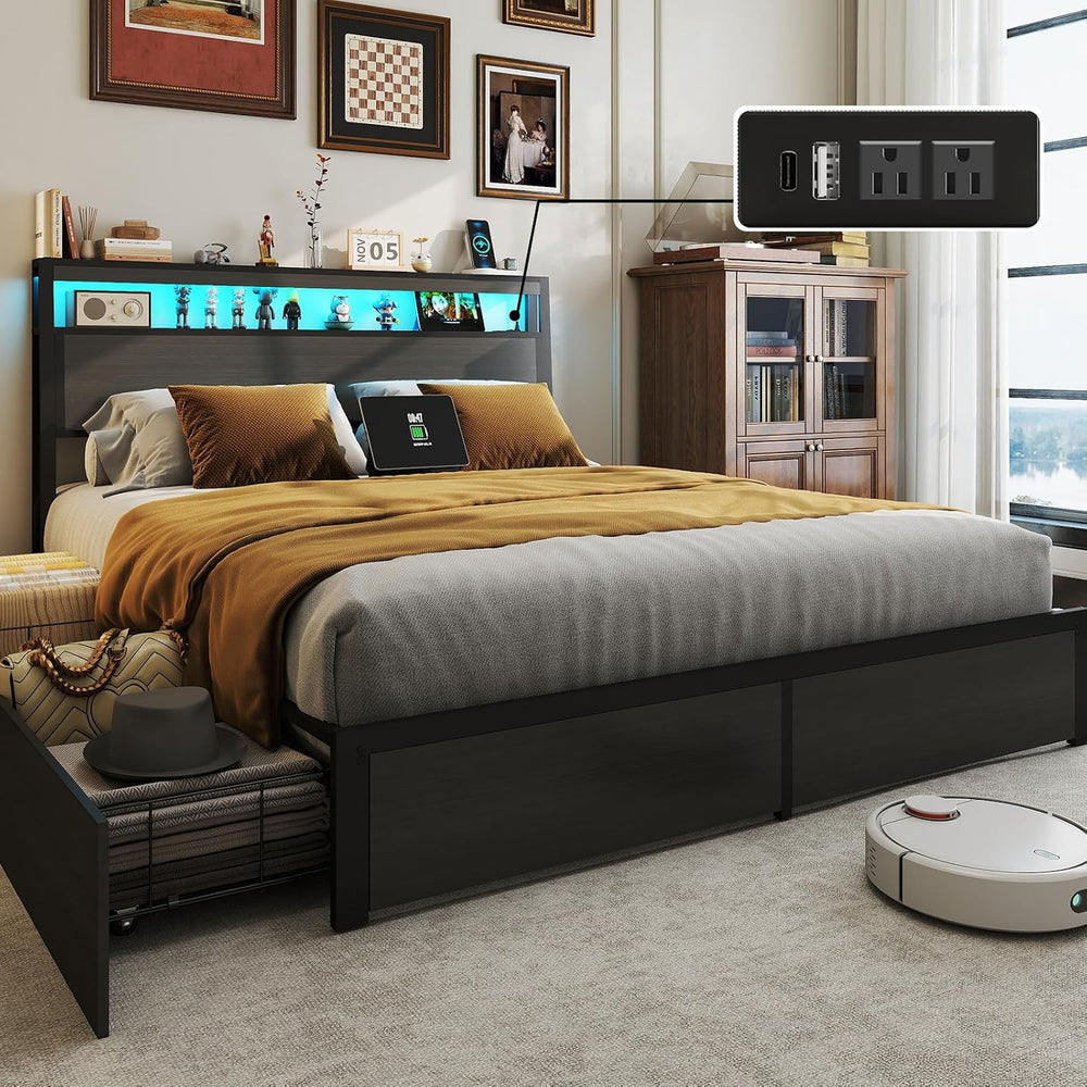 Full Size Bed Frame with LED Light Headboard and 4 Storage Drawers
