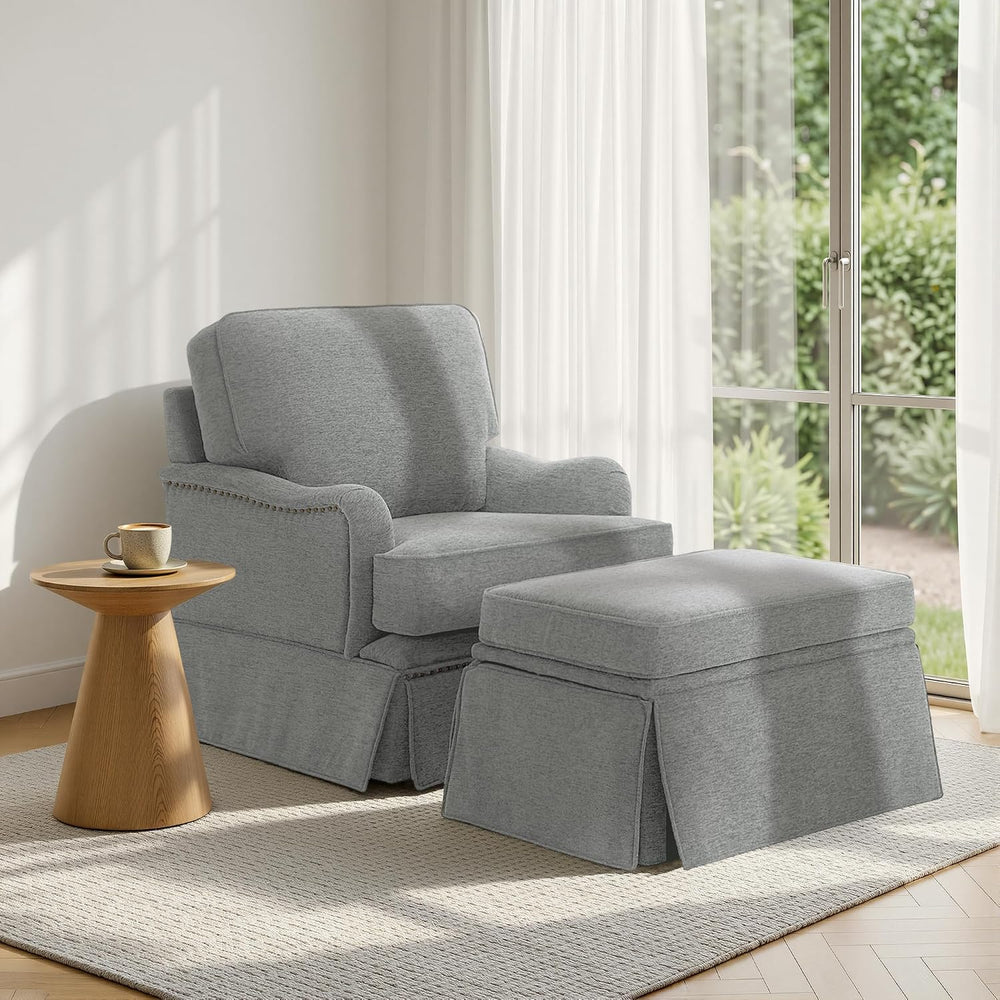 Swivel Accent Chairs with Ottoman, Set of 2, Chenille Light Gray