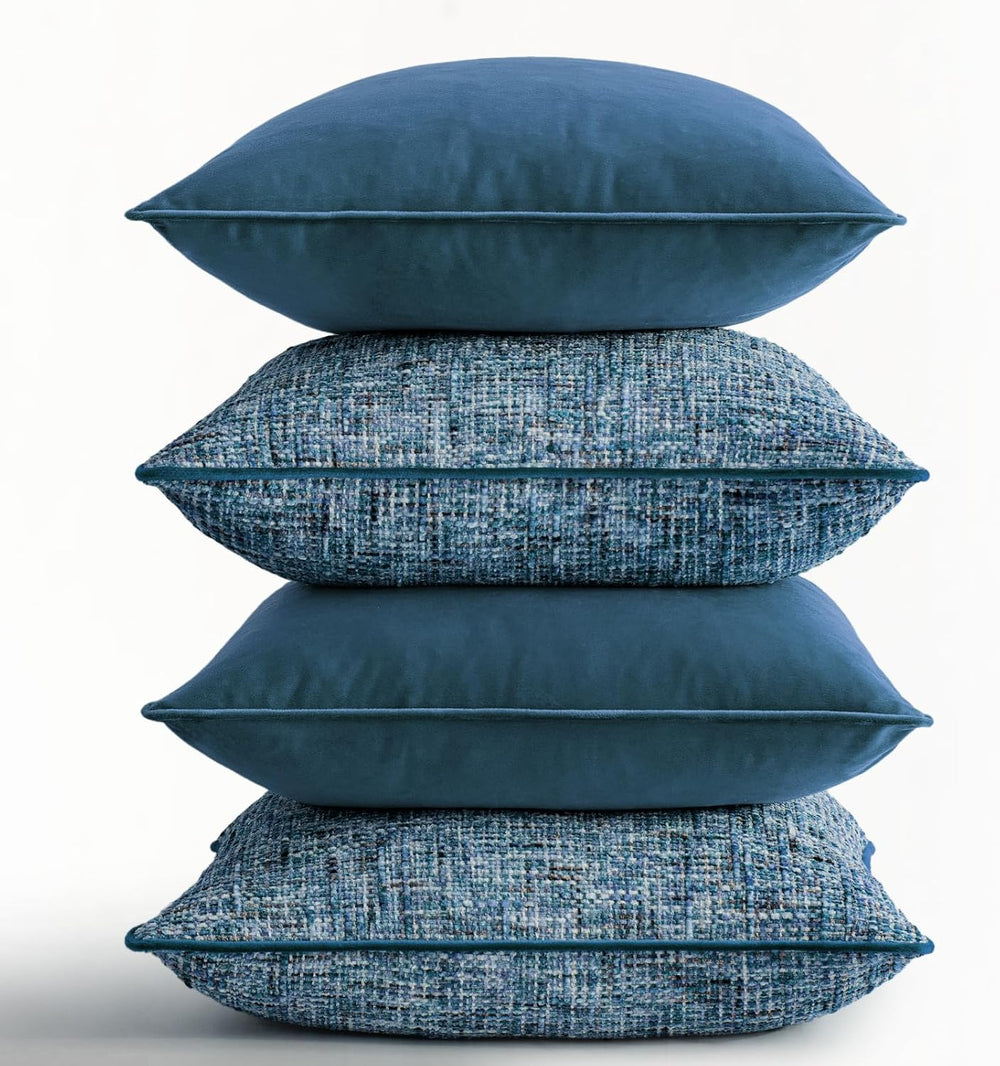 a moment Blue 4 Pack Throw Pillow Covers - Chenille & Velvet Set with Pip...