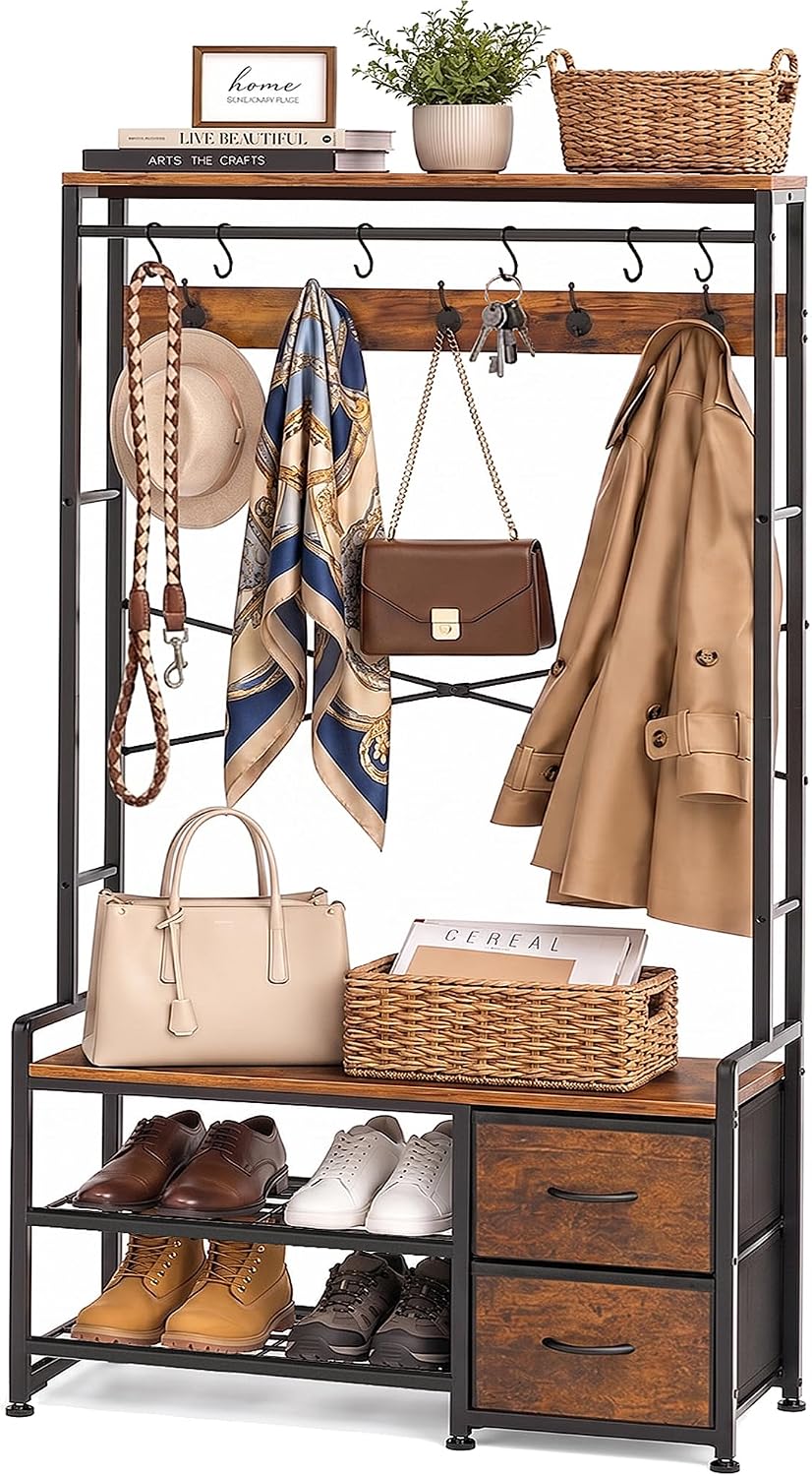 Faesun Hall Tree with Bench and Shoe Storage, Rustic Brown
