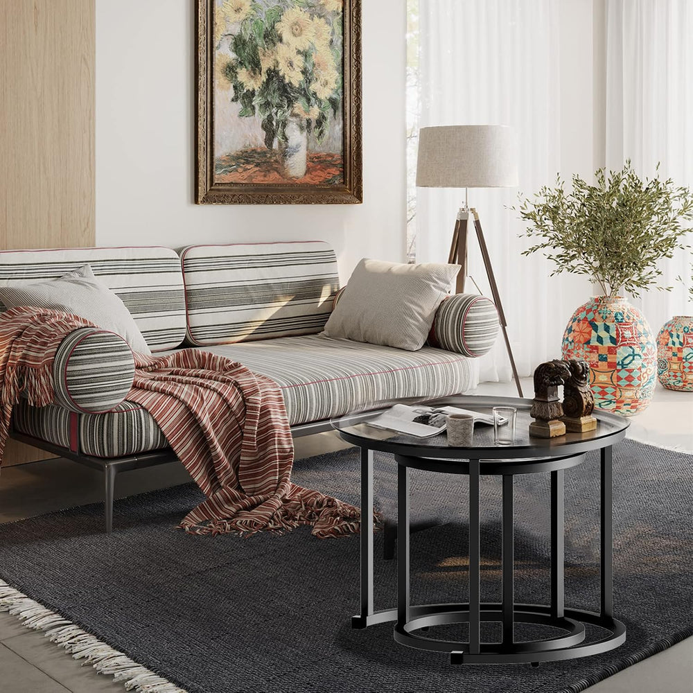 aboxoo Black Nesting Coffee Glass Table Set of 2, Metal Freme Side End Tables...