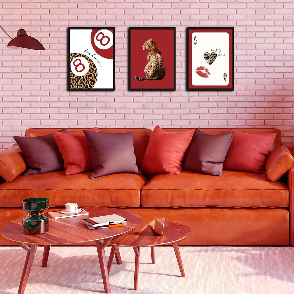 Framed Trendy Leopard Wall Art Set of 3, Red Funky Preppy Cheetah Wall Decor ...