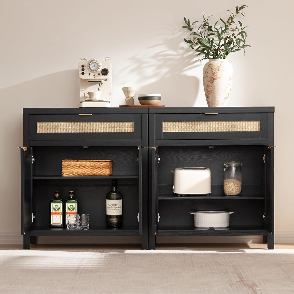 SICOTAS Sideboard Buffet Storage Cabinet, Rattan Accent Cabinet with Doors