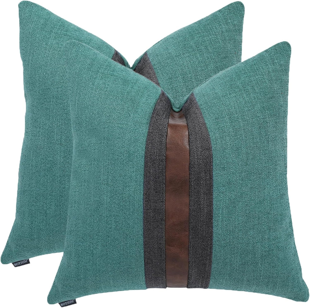 Set of 2 Leather Throw Pillow Covers Cotton Linen Decor Patchwork Pillow Cove...