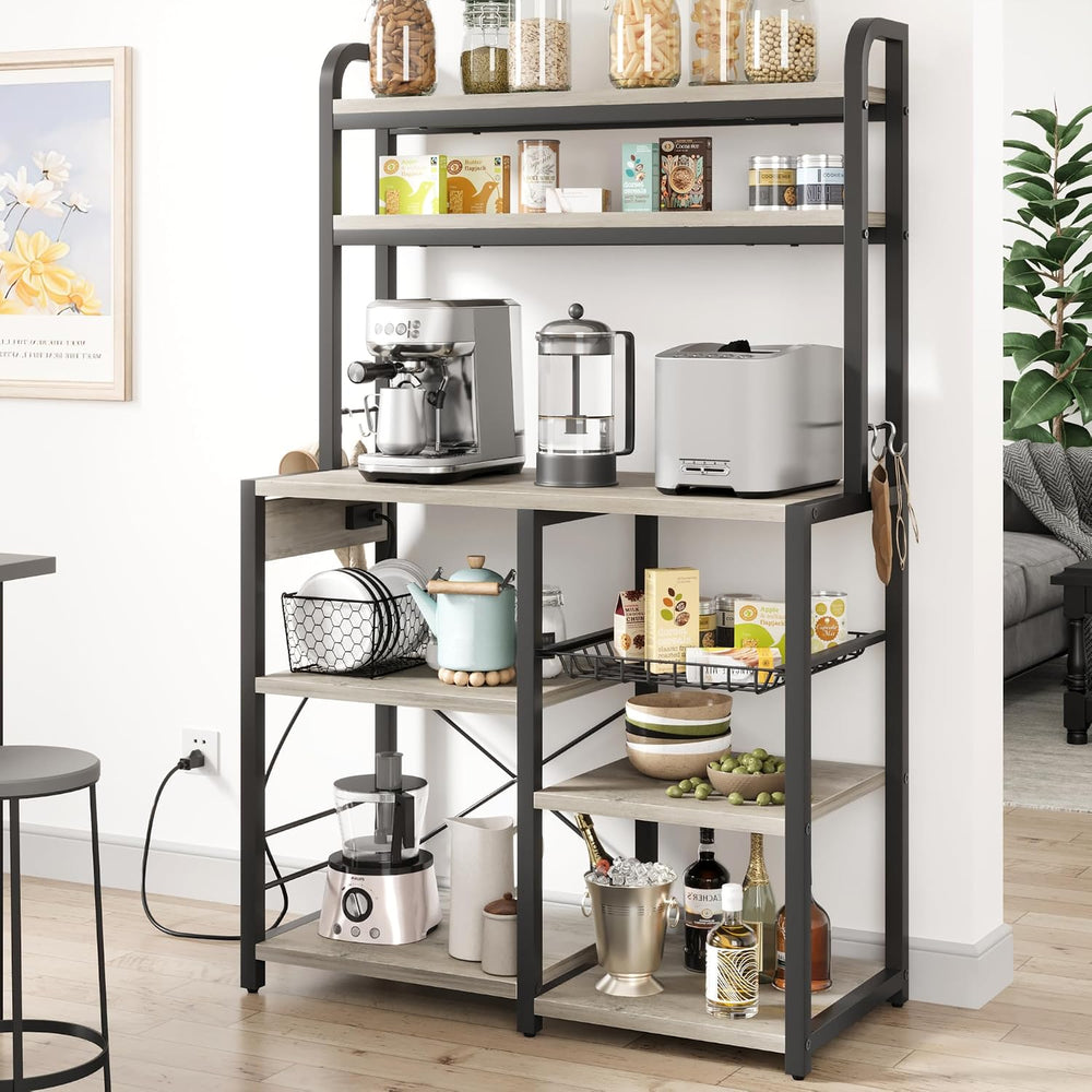 IDEALHOUSE Bakers Rack with Power Outlet, Coffee Bar with Wire Drawer, Indust...