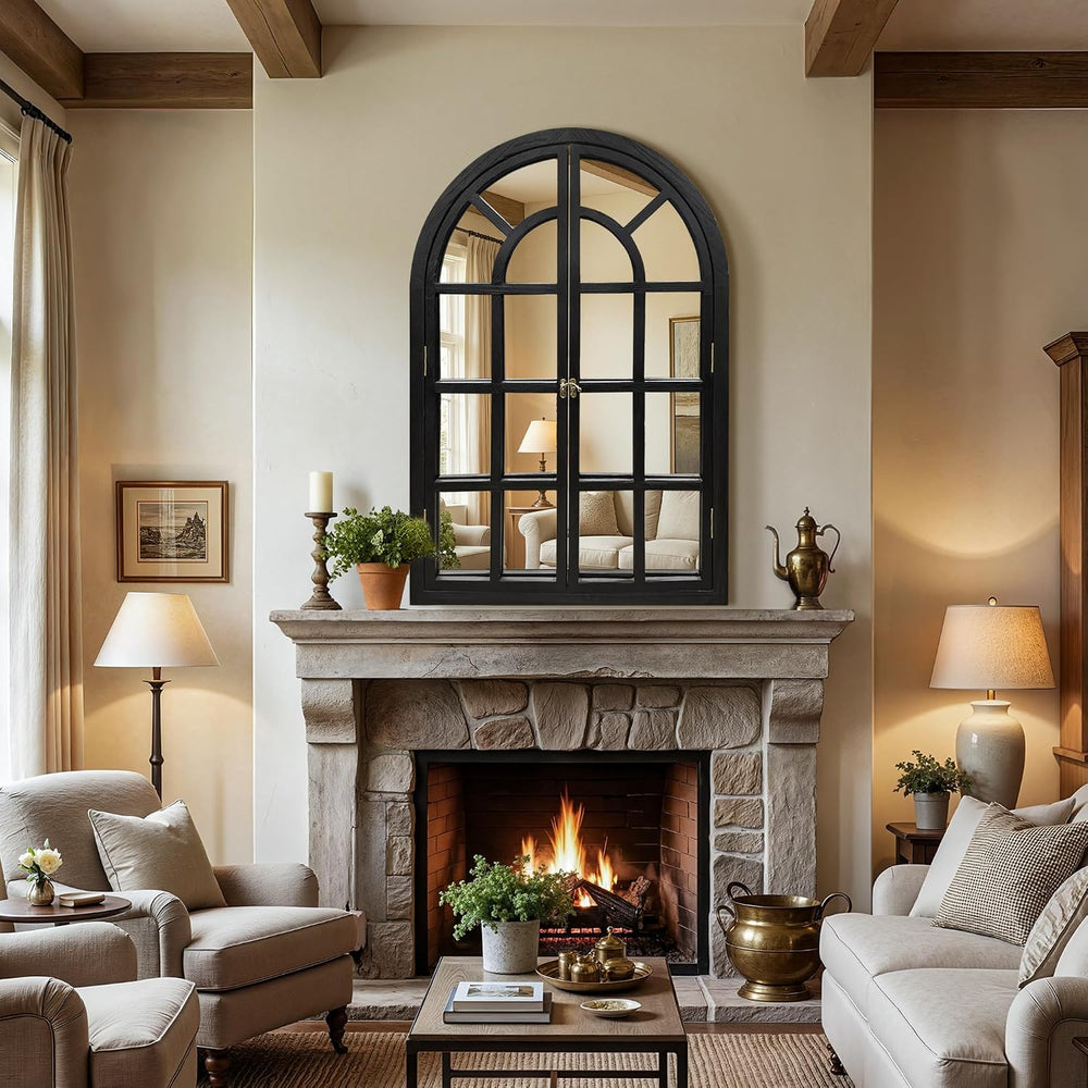 Arched Rustic Farmhouse Wood Mirror for Wall, 24" x 36", Black