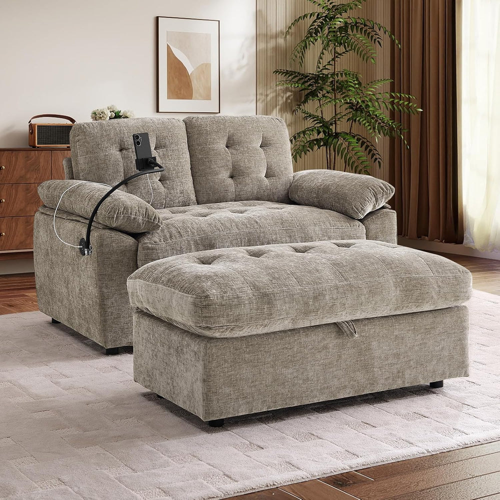 56” Chaise Lounge Chair with Ottoman, Oversized Loveseat Reading Accent Comfy...