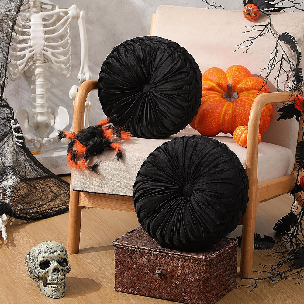 Beeveer 2 Pcs Round Throw Pillows Velvet Pleated Pillows, Black