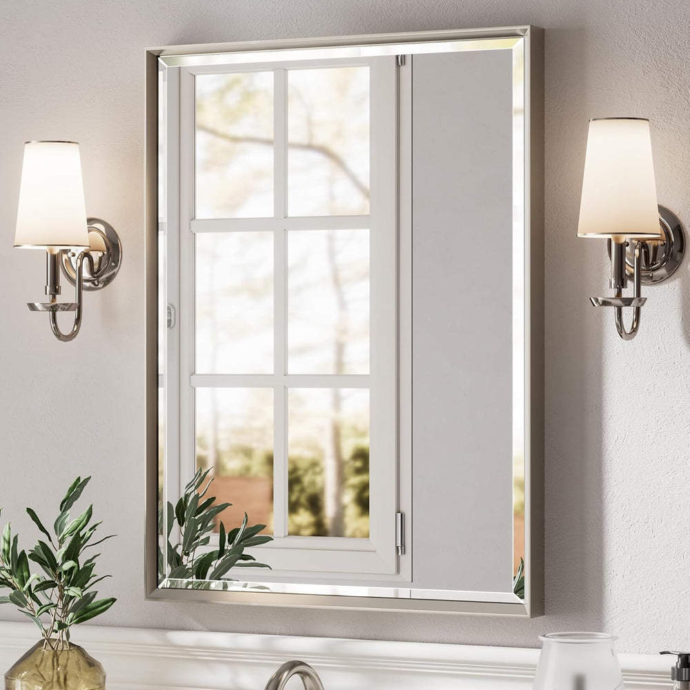 Brushed Nickel Bathroom Mirror, 24x32 Inch Beveled Framed Bathroom Mirror Ant...
