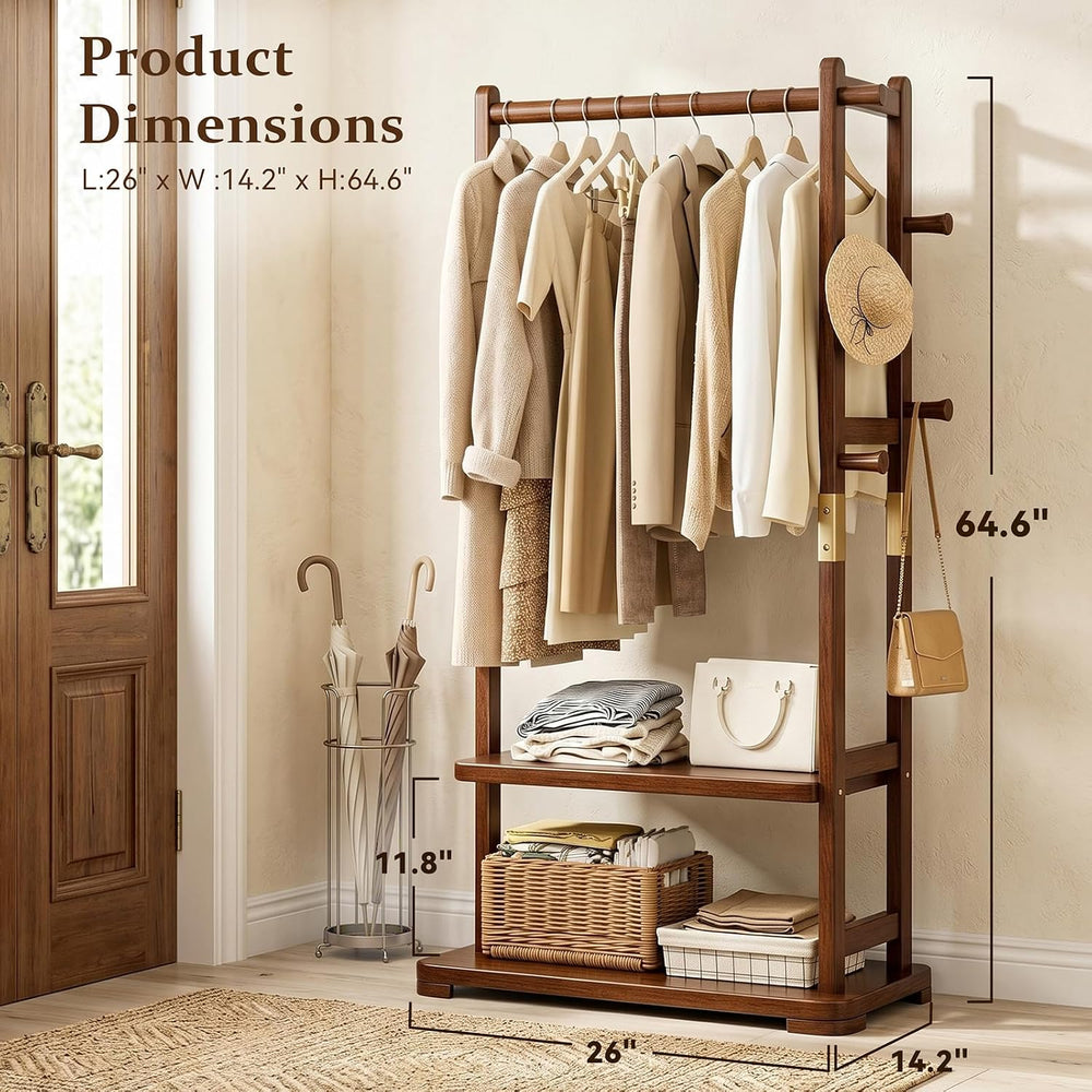 Taitiy Coat Rack Solid Wood Clothes Rack Storage, 2 Shelves 5 Hooks