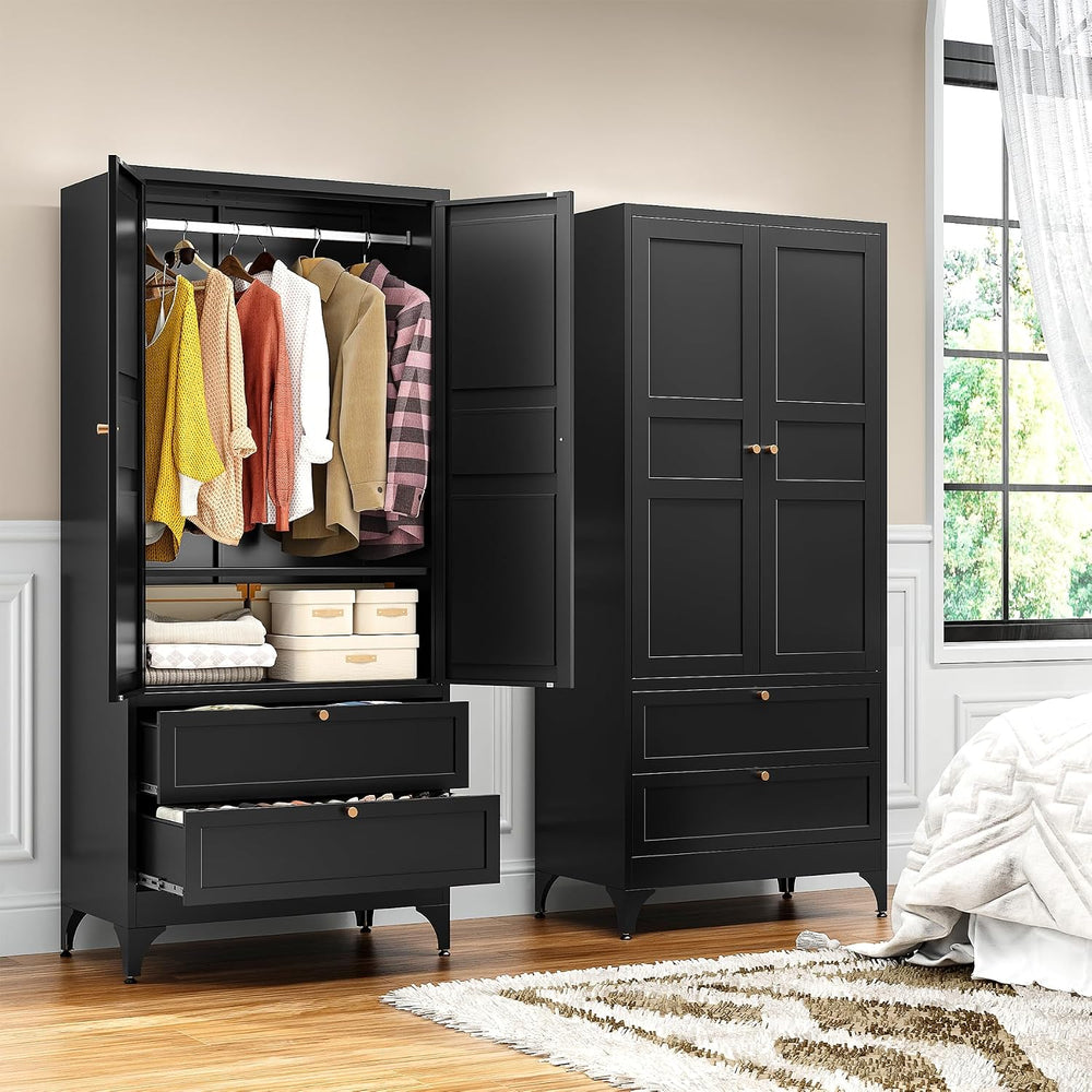 BYNSOE 71" Tall Metal Wardrobe Closet with 2 Drawers, Steel Armoire Cabi...