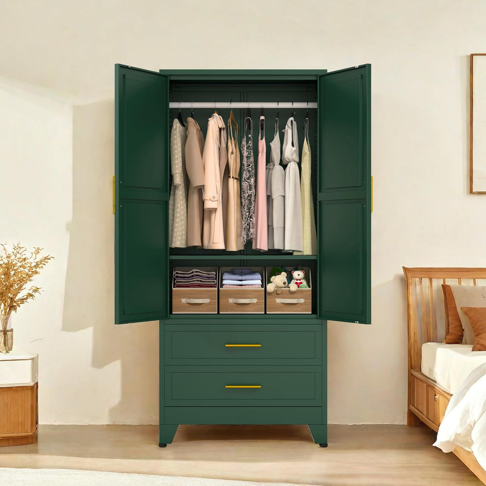 PAOFIN Green 71" Metal Armoire Wardrobe Closet, Bedroom Clothing Storage...