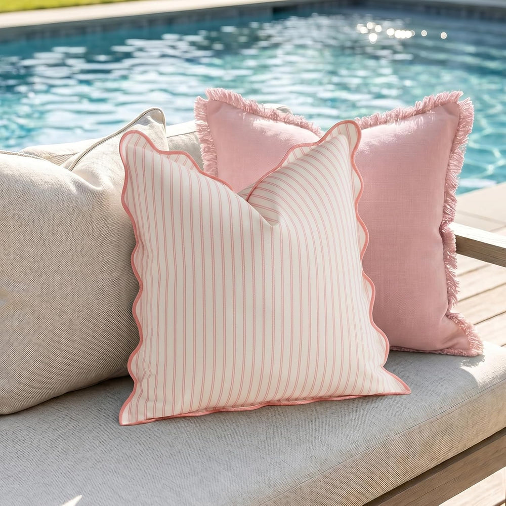 DEZENE 18x18 Pink Outdoor Pillow Covers Pack of 2, Striped Scalloped Coastal ...