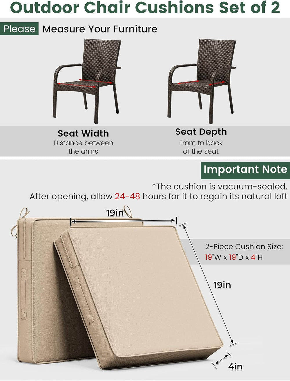 Outdoor Chair Cushions 19x19x4 Inch with Handles and Ties Cushion Set of 6
