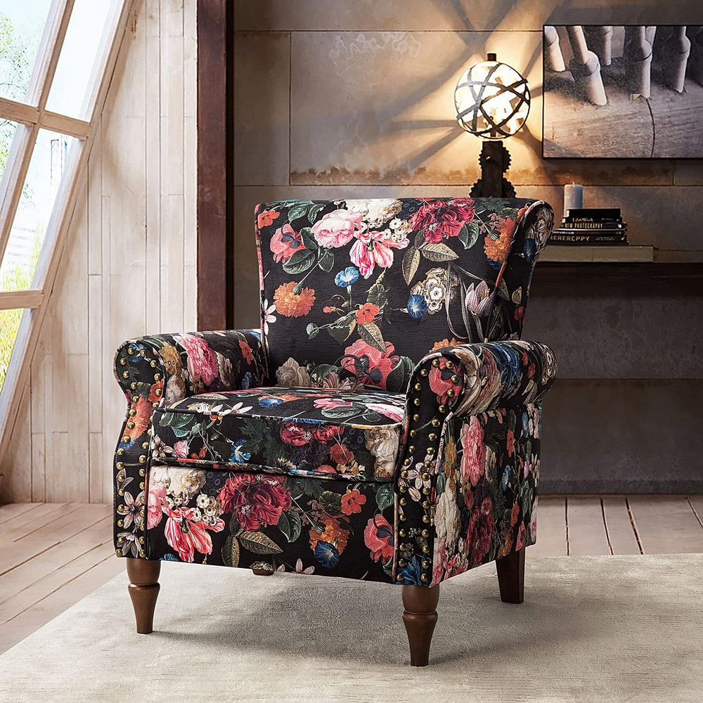 HULALA HOME Traditional Floral Accent Chair with Solid Wood Legs, Black