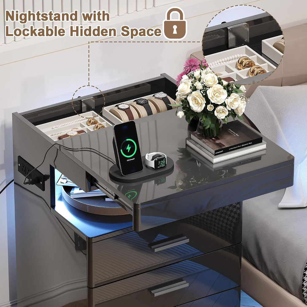 Treocho Led Nightstand with Hidden Space & Charging Station