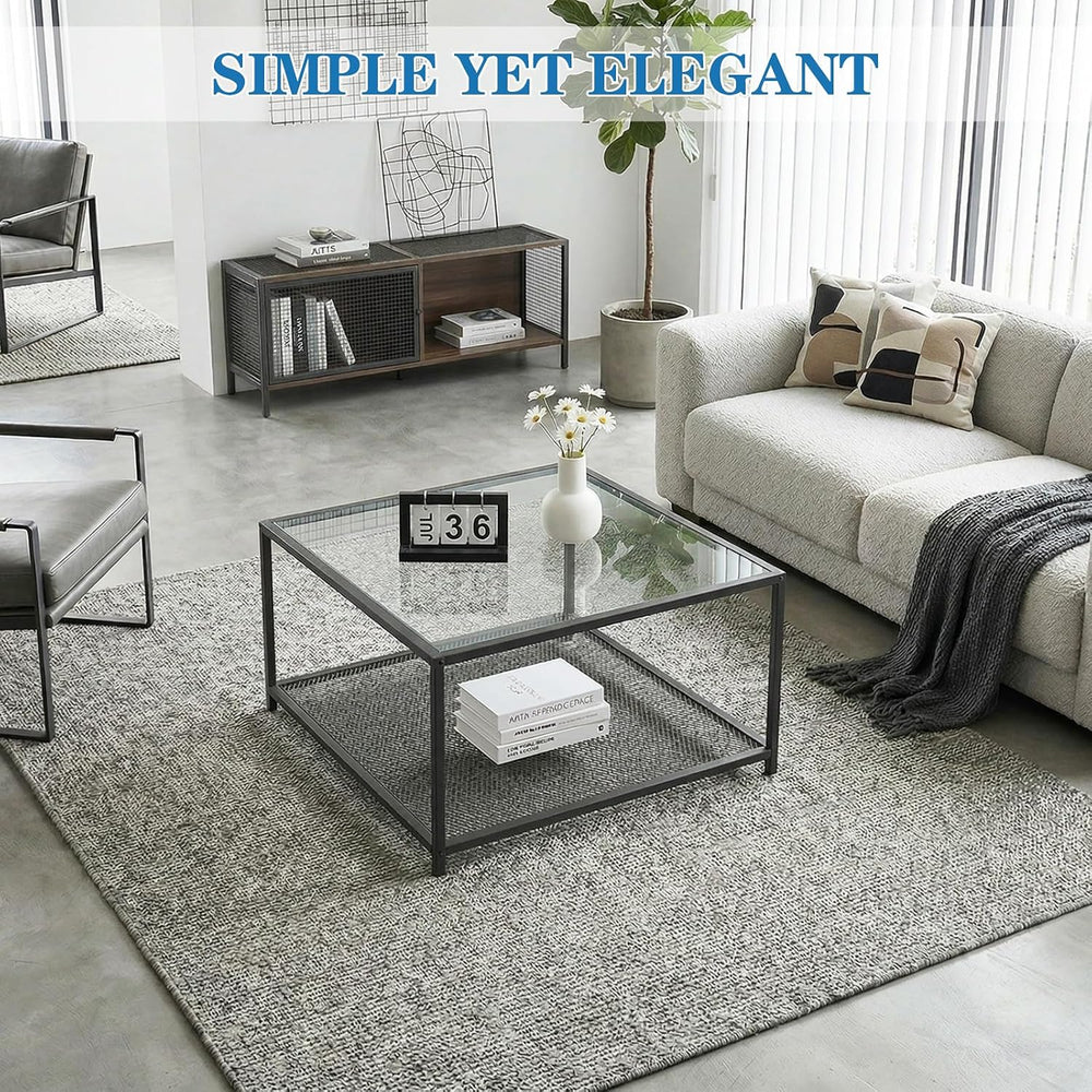 Black Glass Coffee Table, Square Coffee Tables with Storage Shelf, Simple Tea...