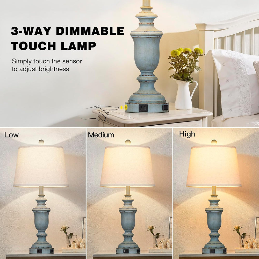 Cinkeda 25.6" Blue Table Lamps Set of 2 with USB C+A Ports & AC Outl...