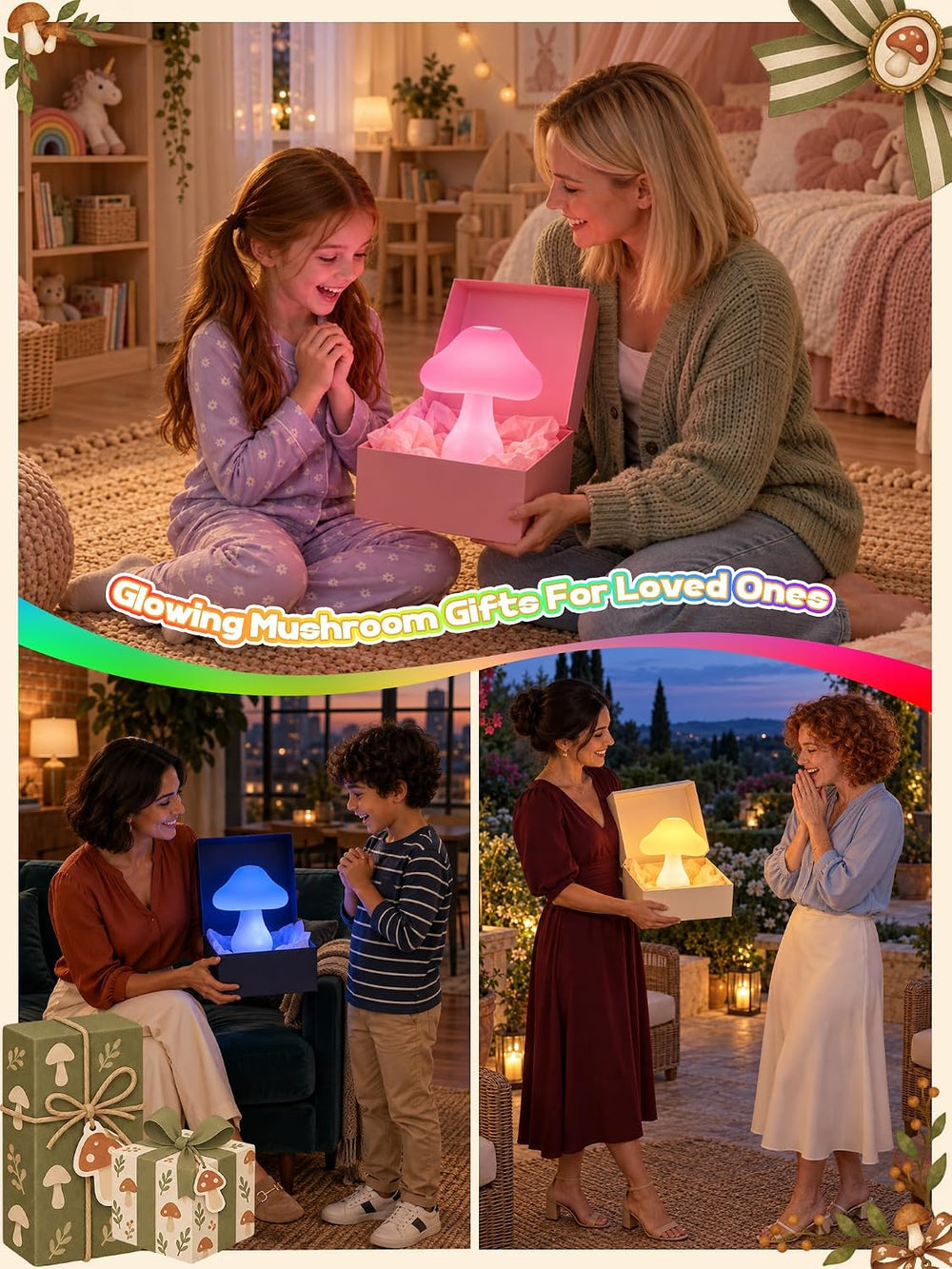 Mushroom Lamp, 10 Colors RGB+10 Brightness Rechargeable Bedside Table Lamp