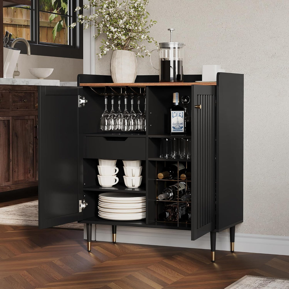 Fluted Coffee Bar Cabinet with Storage and Glass Holder, Black