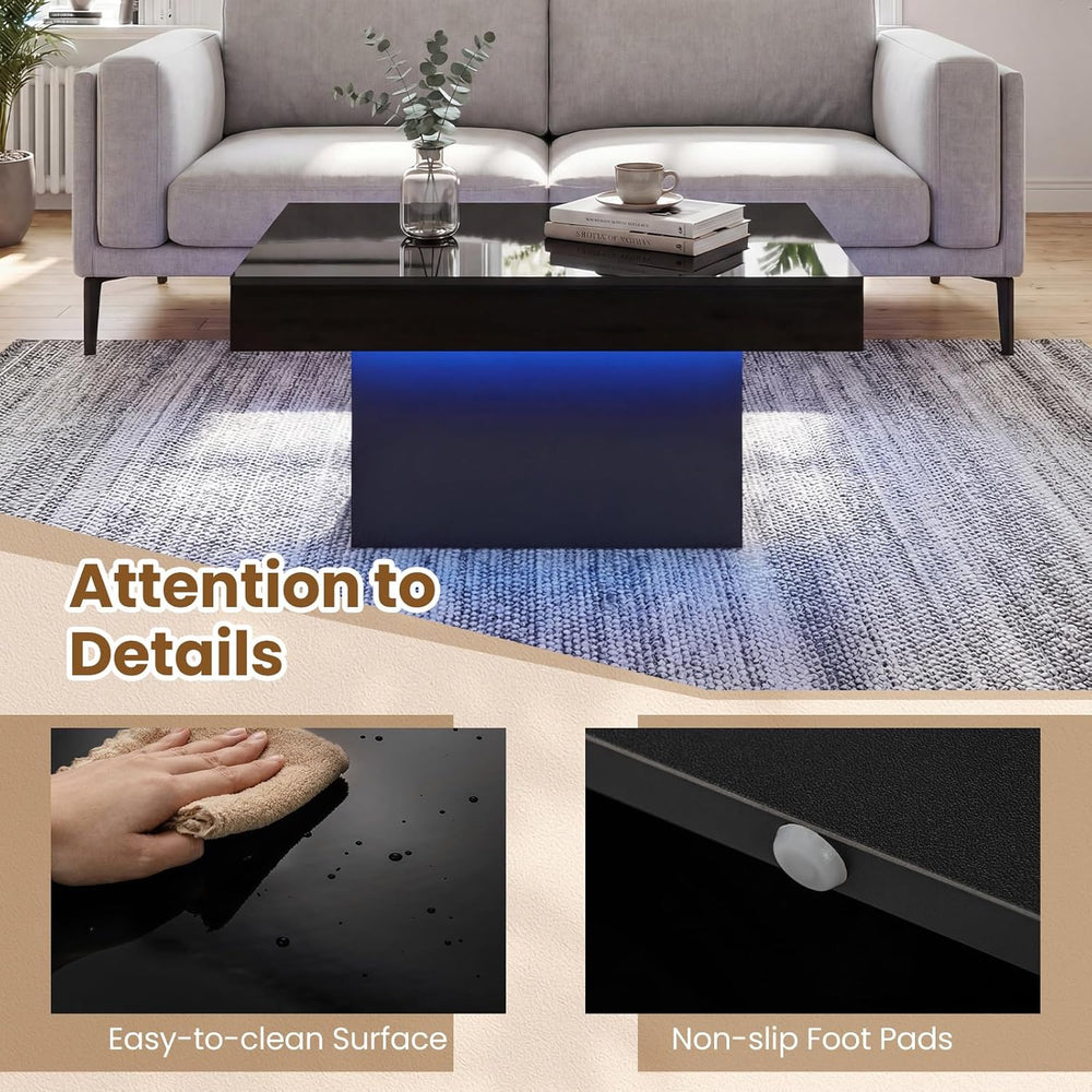 GOFLAME LED Coffee Table for Living Room, Square, Modern High Glossy, Black