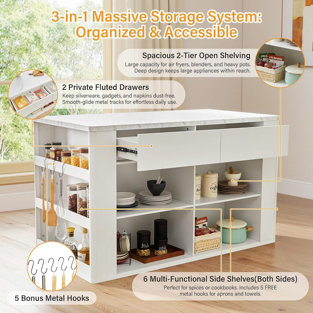 59" Kitchen Island with Storage & Seating for 2, Modern Stationary K...