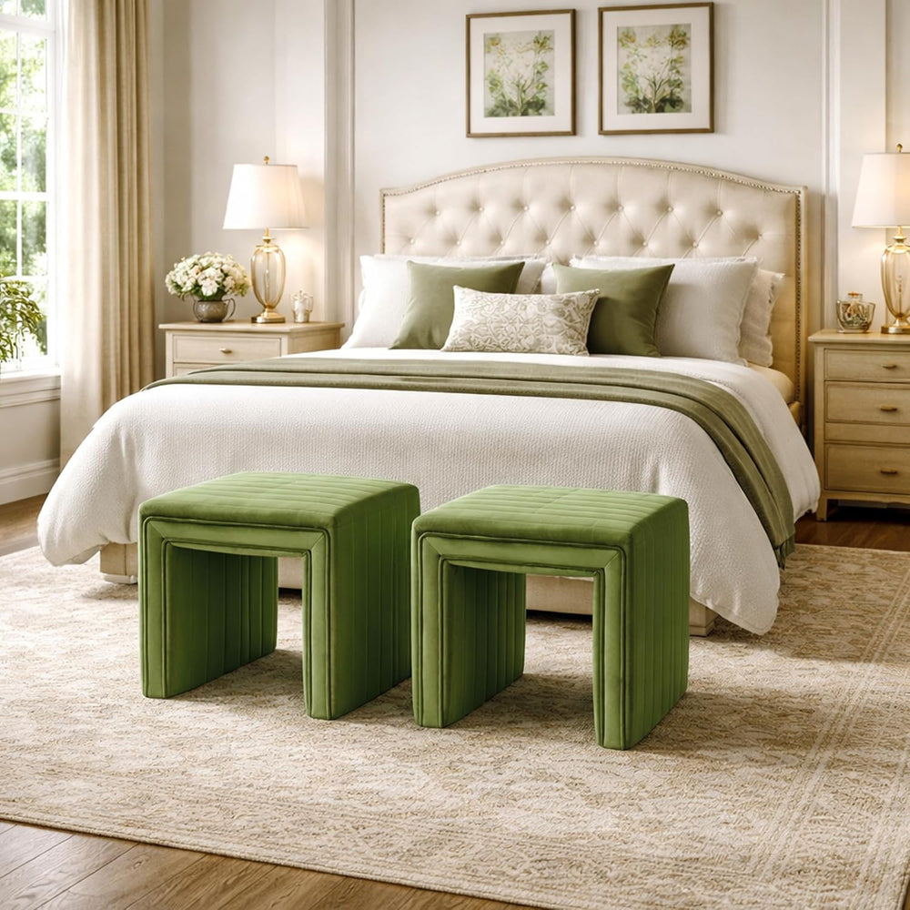 Spatial Order 19" Modern Channel Tufted Velvet Ottoman - Green