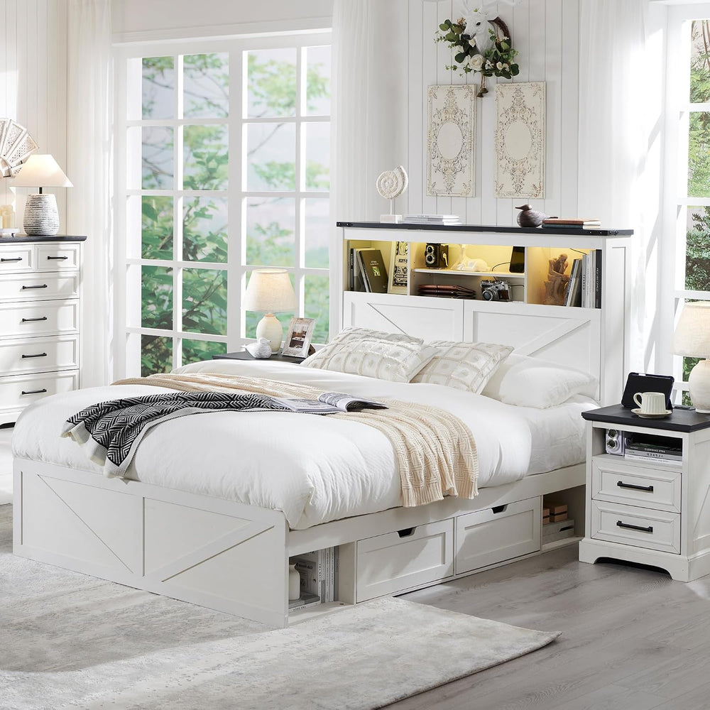 ACCOHOHO Farmhouse Queen Size Bed Frame with 52" High Storage Bookcase H...