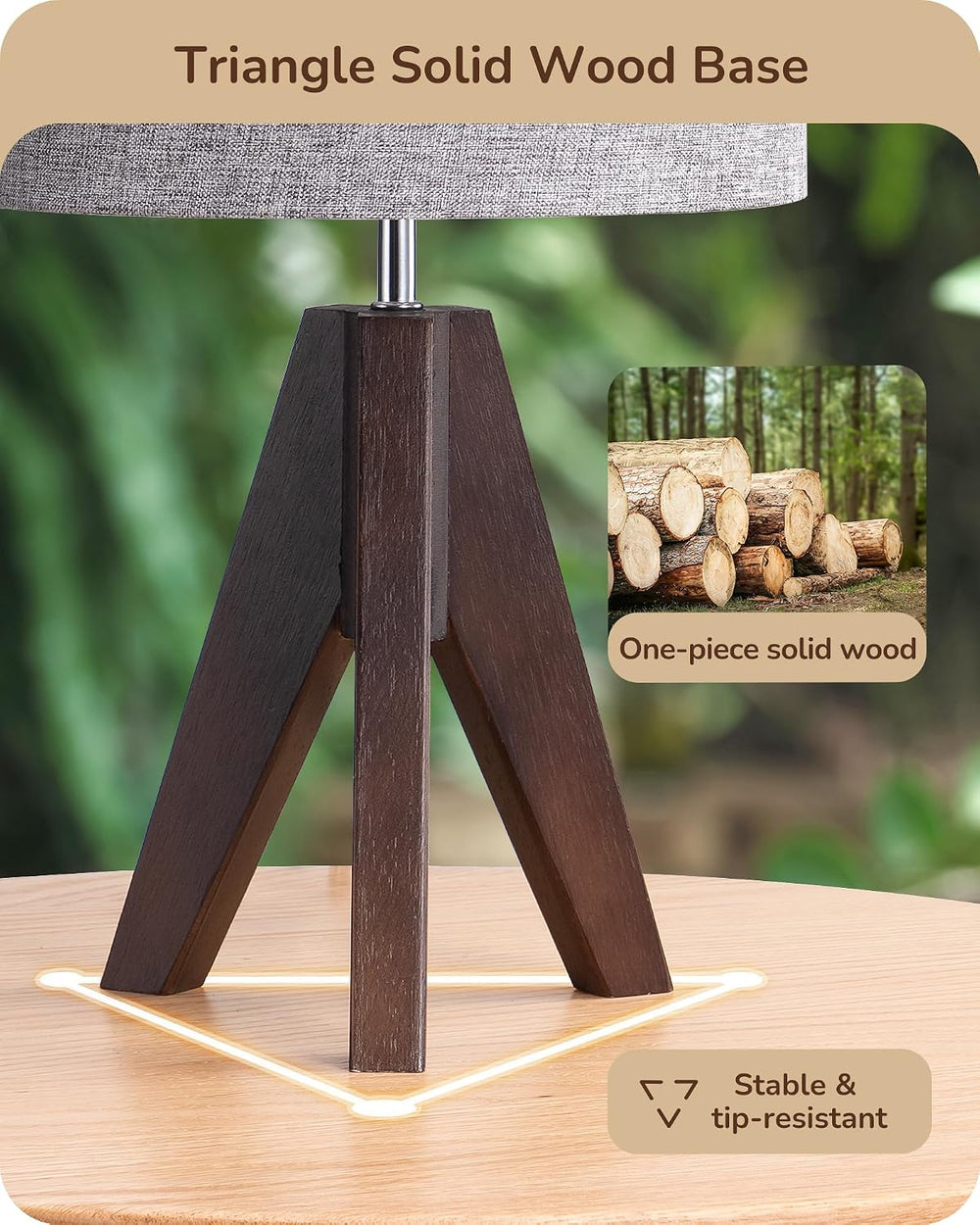 EDISHINE Boho Small Table Lamp, Wood Lamp, Grey Linen Lampshade,14.2 Inch