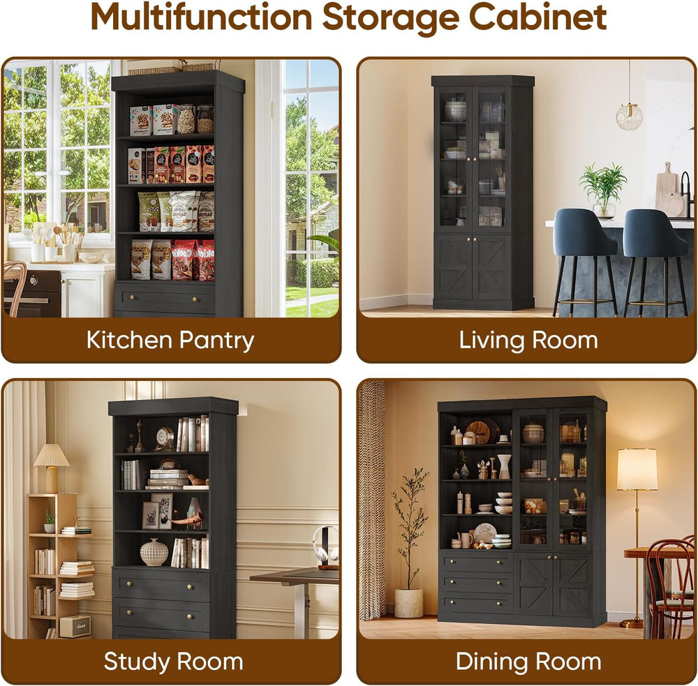 Vyre 71" Tall Farmhouse Kitchen Pantry, Large Storage Cabinets with Glas...