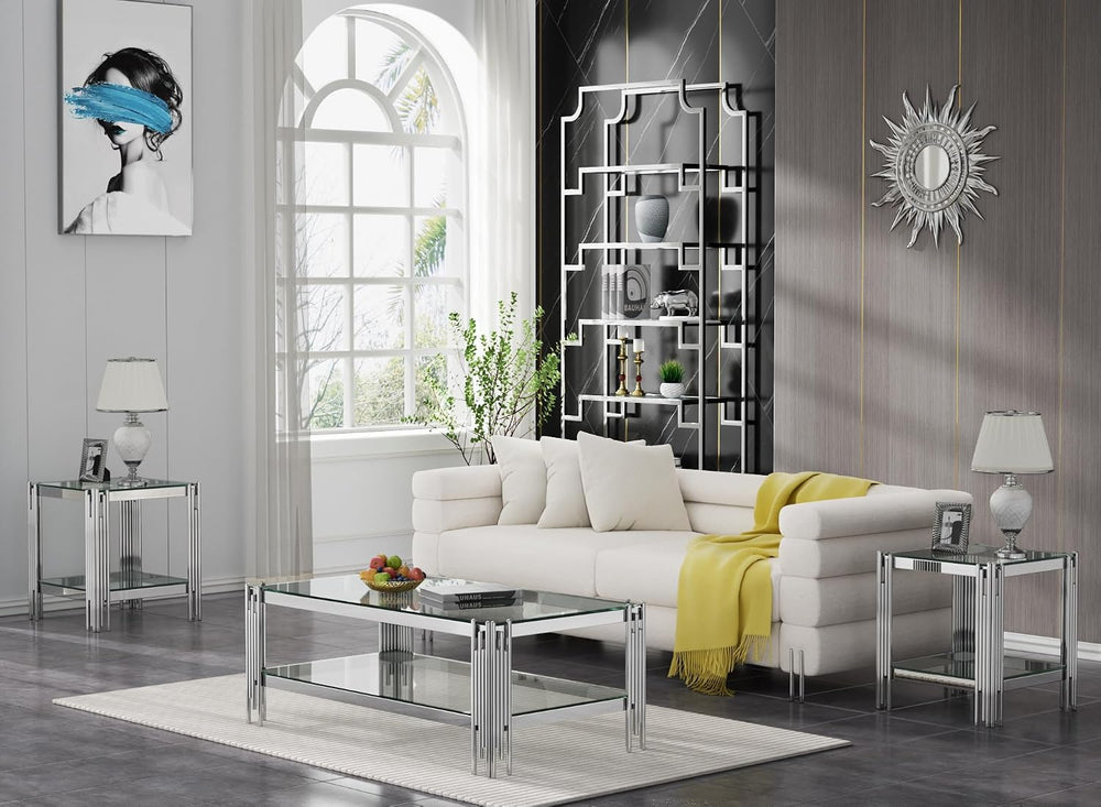 Henf 3-Piece Glass Living Room Table Set, 2-Tier Glass Coffee Table & 2 E...