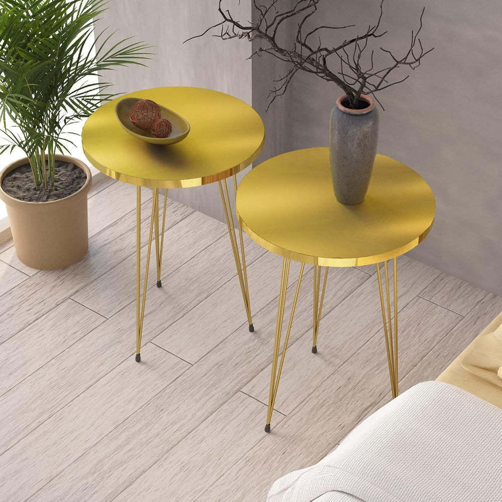 Set of 2 High Gloss Gold End Tables Round Wood Sofa Side Coffee Tables for Sm...
