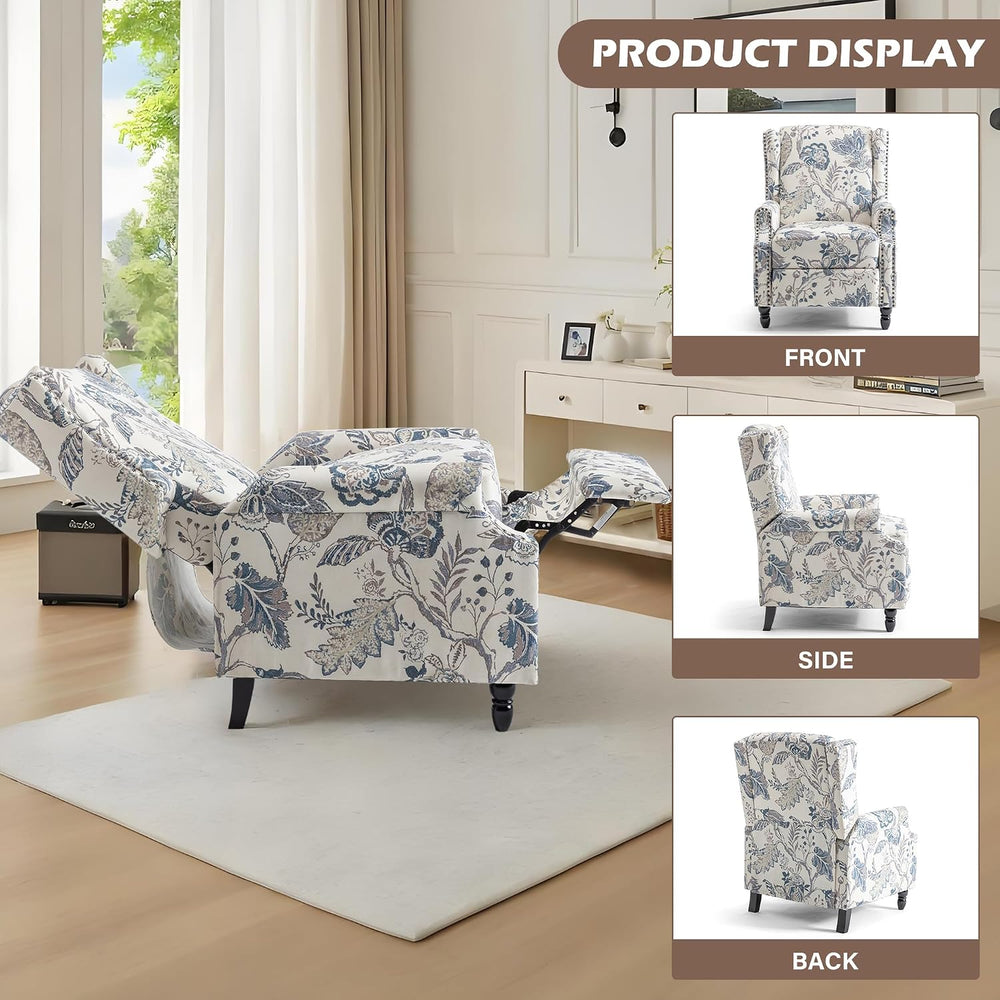 Floral Pushback Recliner Chairs Set of 2, Fabric Armchair, Blue Plant