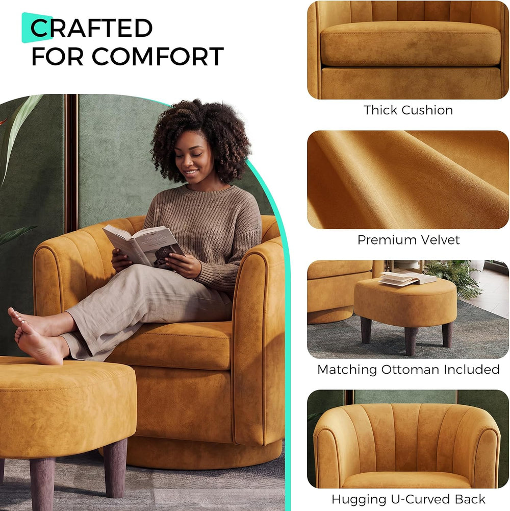 LINSY 360° Swivel Accent Chairs Set of 2, Modern Velvet Chair with Ottoman, C...