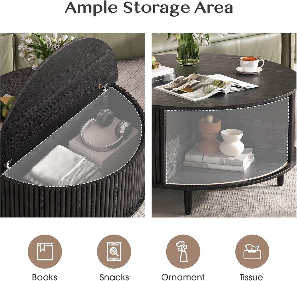 JOINICE 31.5" Round Coffee Table with Storage for Living Room, Black