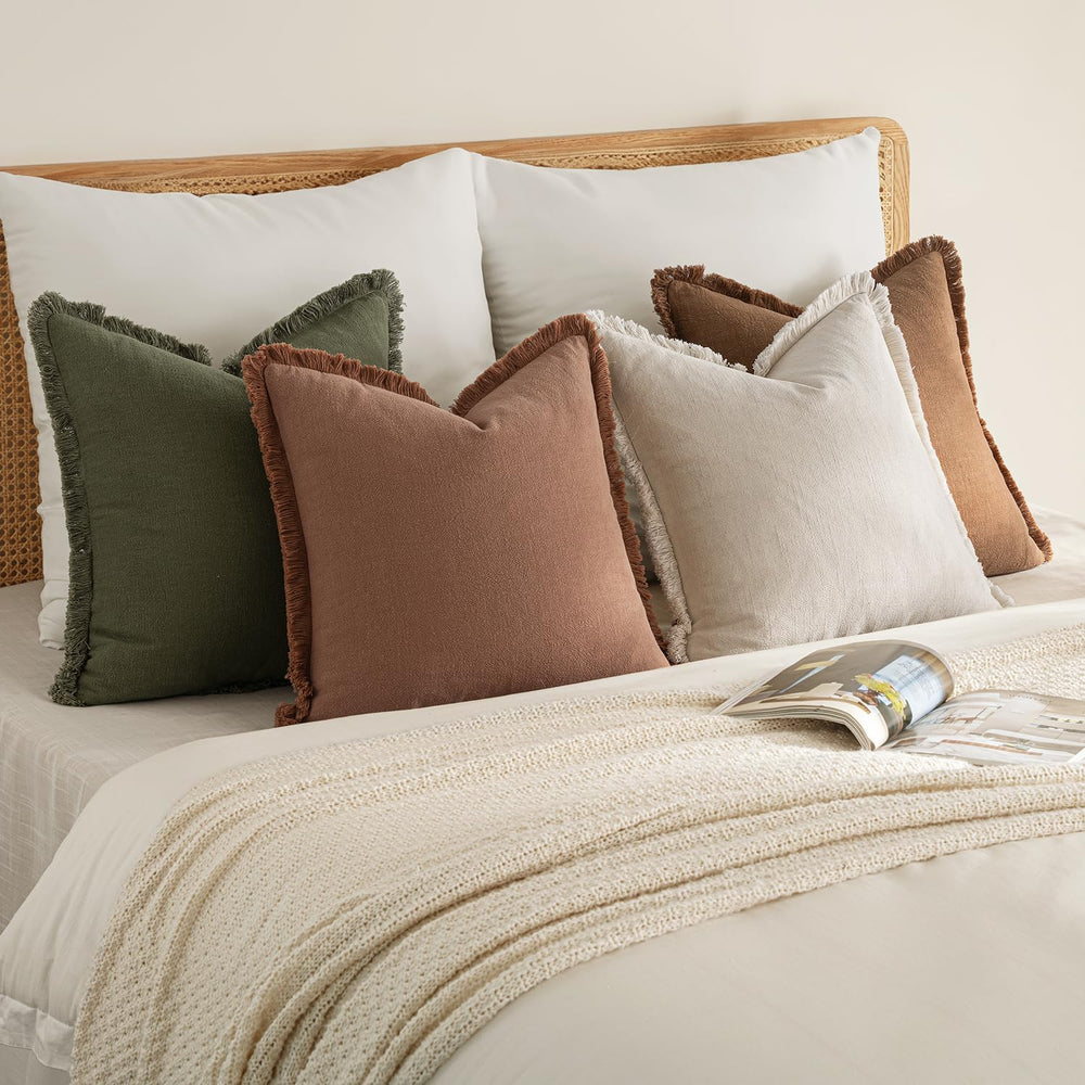 MIULEE Fall Linen Fringe Pillow Covers Set of 4 18x18 Beige/Brown/Green