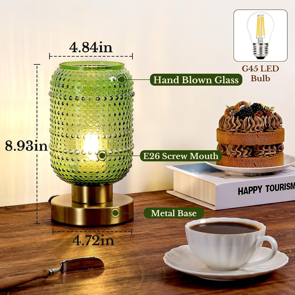 ZYER 8.9in Green Glass Table Lamp, Touch Control Lamp, Small Vintage Lamp