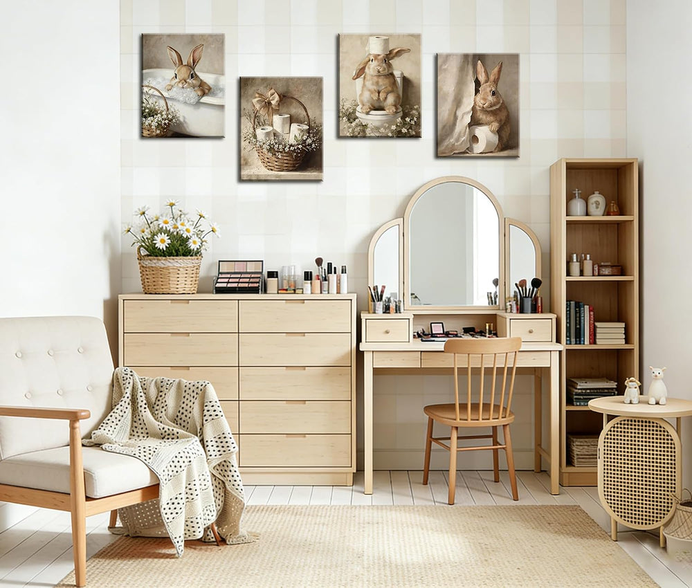 Frimeeme Framed Cute Bunny Bathroom Canvas Wall Art