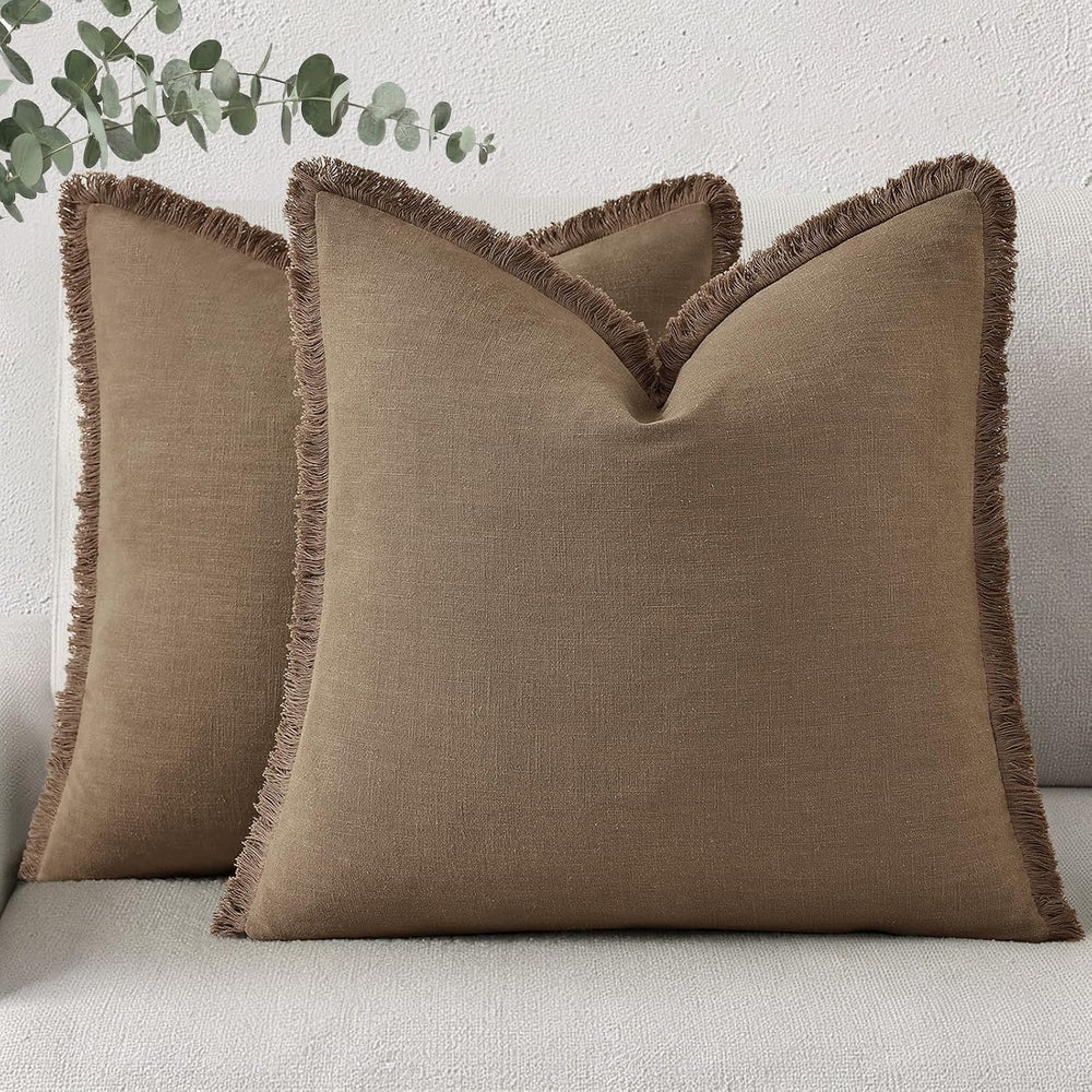 decorUhome Linen Fringe Light Brown Throw Pillow Covers 24x24 Set of 2