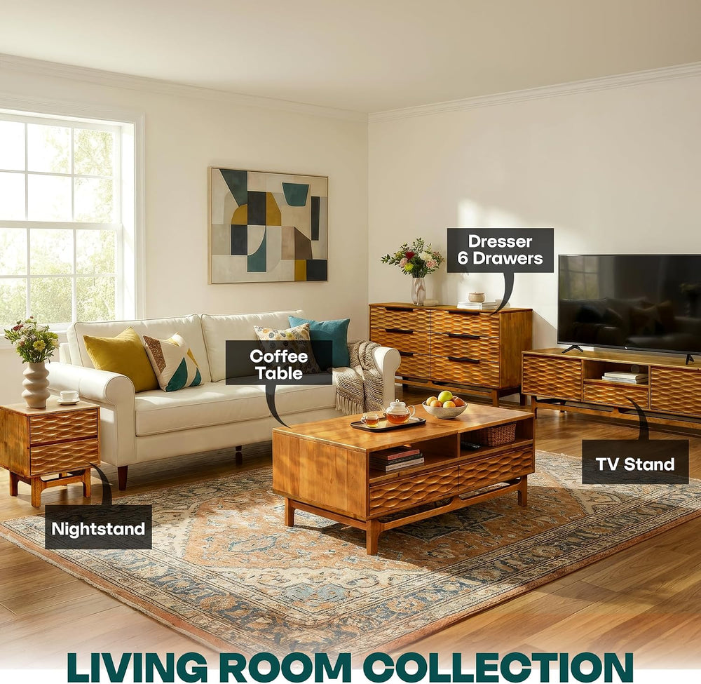Acacia Elara 47" Wood Coffee Table with Open Shelf & 2 Drawers, Caramel