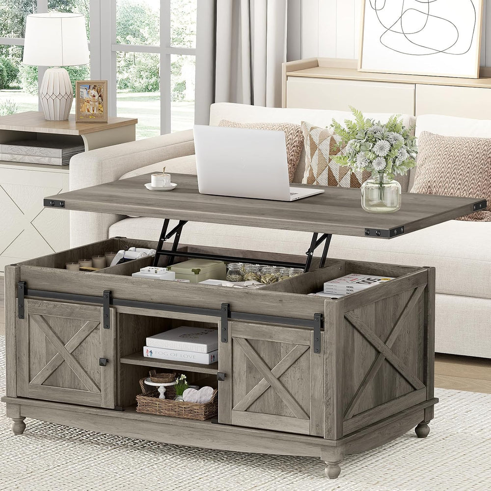 ALLSTAND 48" Farmhouse Lift Top Coffee Table with Storage Sliding Barn D...