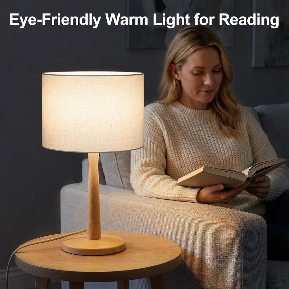 16.3” Natural Wood Table Lamp with Linen Drum Shade, E26 Base, Cream