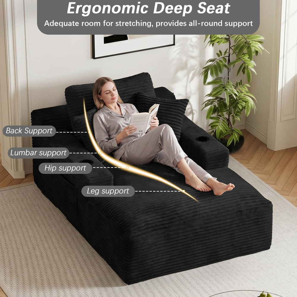 50" x 76" Corduroy Chaise Lounge Sofa Bed with Cup Holders, Black