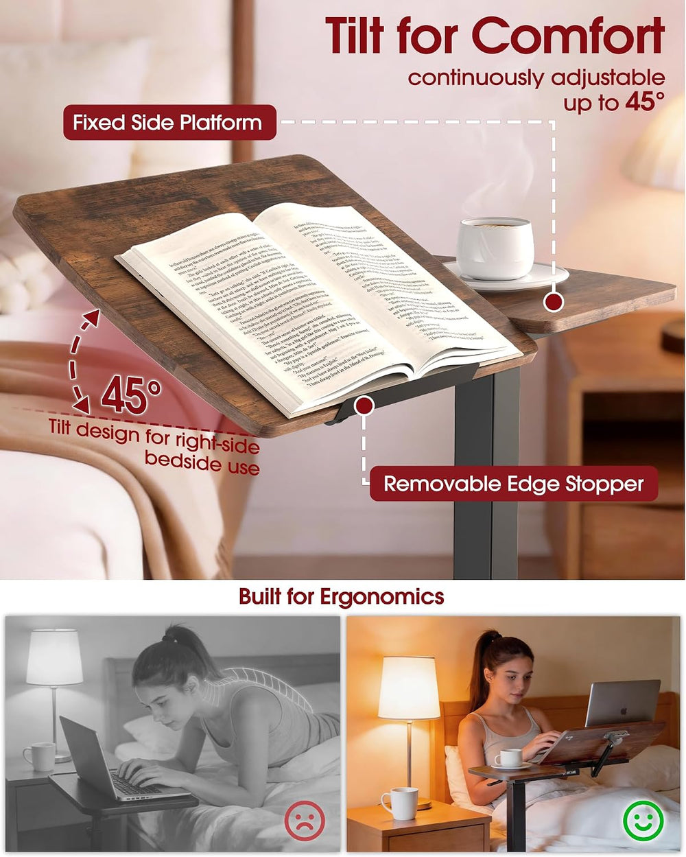 Sakugi Overbed Bedside Table with Wheels, Right-Side Tilt Top, 29.1"–39&...